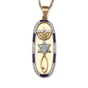 Anbinder Jewelry 14K Gold Diamond Embedded Messianic Seal Unisex Pendant with Blue Enamel 