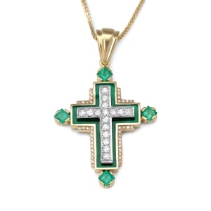 Anbinder Jewelry Luxurious 14K Gold Latin Cross Unisex Pendant with Diamonds and Emeralds