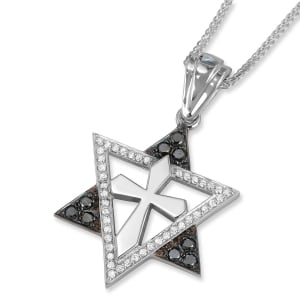 Anbinder Deluxe 14K White or Yellow Gold Messianic Star of David Cross Pendant set with White and Black Diamonds