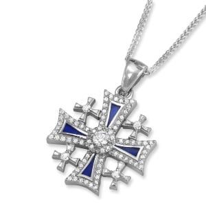 Anbinder Deluxe 14K White Gold Diamond-Studded Jerusalem Cross Pendant with Blue Enamel Accents and Diamond Border