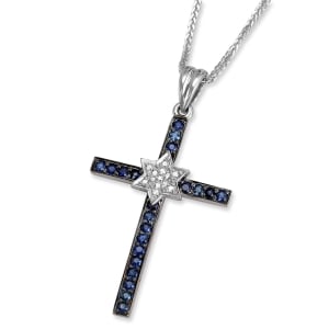 Anbinder 14K White and Black Gold Slim Latin Cross Pendant with Diamond Accented Star of David and Sapphires