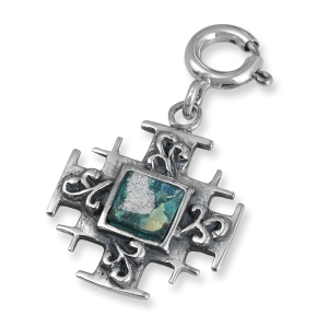 The Israel Museum Egyptian Collection Sterling Silver and Roman Glass Fleur-De-Lis Jerusalem Cross Clip-On Charm 
