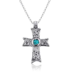 Sterling Silver Roman Cross Necklace with Turquoise Stone