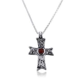 Sterling Silver Cross Necklace With Red Stone