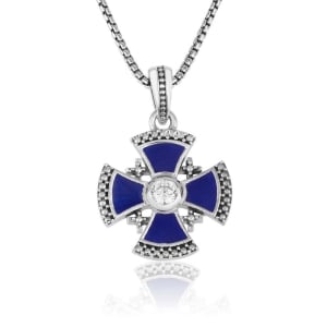 Marina Jewelry Sterling Silver and Blue Enamel Jerusalem Cross with Zircon Stone
