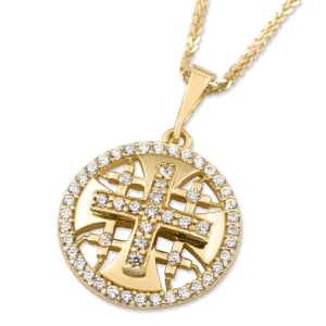 14K Gold Jerusalem Cross Disc Pendant with Cubic Zirconia