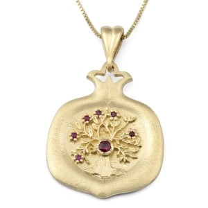Luxurious 14K Yellow Gold Tree of Life Pomegranate Necklace with Rubies