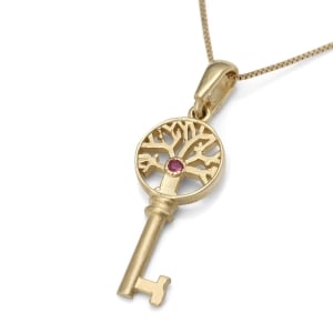 14K Gold Key Tree of Life Necklace With Ruby Stone (Choice of Colors)