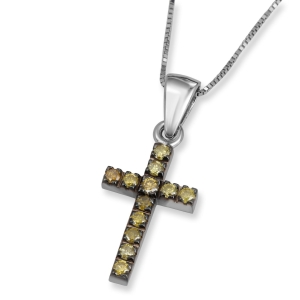 14K White Gold and Yellow Diamond Classic Roman Cross Pendant with 12 Diamonds