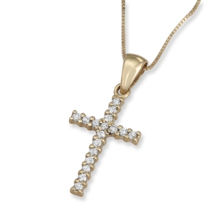 14K White Gold and Diamond Slender Roman Cross Pendant with 17 Diamonds