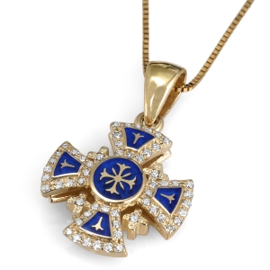 Anbinder Jewelry 14K Yellow Gold and Enamel Fleur de Lis Splayed Jerusalem Cross Pendant with 56 Diamonds 