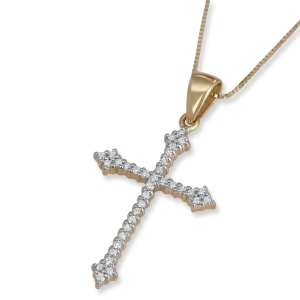 Deluxe 14K Yellow Gold and Diamond Slender Budded Cross Pendant with 35 Diamonds