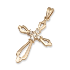 14K Yellow Gold and Diamond Hollow Out Nativity Cross with 5 Diamond Cluster 