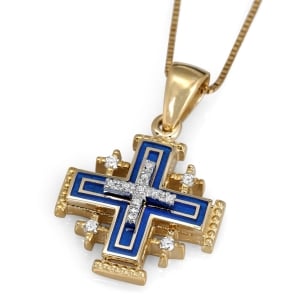 Anbinder Jewelry 14K Yellow Gold and Enamel Milgrain Classic Jerusalem Cross Pendant with 13 Diamonds
