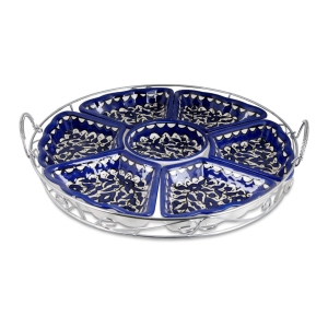 Armenian Ceramics Flower Shaped 8 Piece Set of Serving Dishes in Metal Frame (Blue Flowers)
