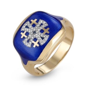 Anbinder Jewelry 14K Yellow Gold Blue Enamel and Diamond Men’s Jerusalem Cross Square Ecclesiastical Ring