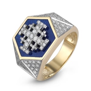 14K Gold Enamel and Pavé Diamond Men’s Hexagonal Jerusalem Cross Ring