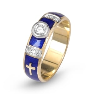 Anbinder 14K Yellow Gold and Blue Enamel Wedding Ring with Latin Cross Design and 7 Diamond Accents