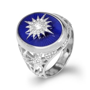 Anbinder Deluxe 14K White Gold, Diamond, and Blue Enamel Star of Bethlehem Signet Ring