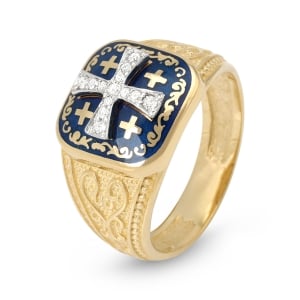 14K Two Toned Gold Jerusalem Cross Ring with Pave Diamonds and Blue Enamel 