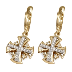 Anbinder 14K Yellow Gold and Diamond Splayed Jerusalem Cross Hanging Earrings with 42 Diamonds