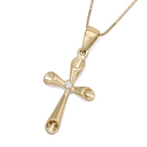 14K Gold Latin Cross Necklace Pendant with Diamond