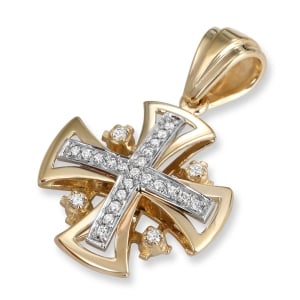 Anbinder Jewelry Two Tone 14K White & Yellow Gold Rounded Jerusalem Cross Pendant with 25 Diamonds