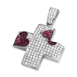 Anbinder Jewelry 14K White Gold Diamond and Ruby Pavé Hearts Greek Cross Pendant with 208 Gemstones