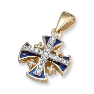 Anbinder Jewelry 14k Yellow Gold, Blue Enamel and Diamond Splayed Jerusalem Cross Pendant with 21 Diamonds