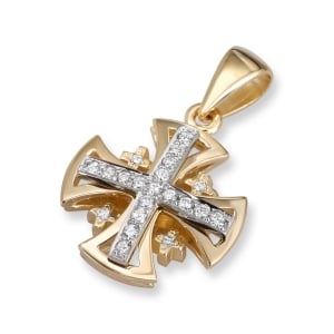 Anbinder Jewelry 14K Yellow Gold and Diamond Splayed Jerusalem Cross Pendant with 21 Diamonds