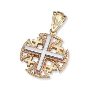 Anbinder Jewelry Tricolor 14K Yellow, Rose, and White Gold Tiered Milgrain Splayed Jerusalem Cross Pendant