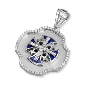 Anbinder Jewelry 14K White Gold, Blue Enamel, and Diamond Splayed Jerusalem Cross Shield Pendant with 77 Diamonds