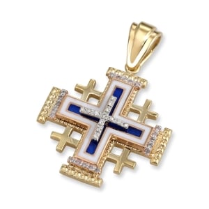 Anbinder Jewelry 14K Yellow Gold, Blue & White Enamel and Diamond Tiered Milgrain Classic Jerusalem Cross with 33 Diamonds
