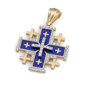 14K Gold and Diamond Blue Enameled Classic Jerusalem Cross Pendant with 53 Diamonds