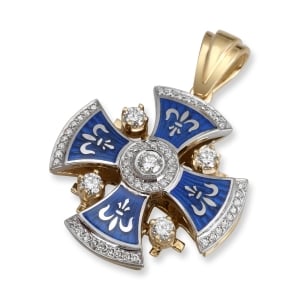 Anbinder Jewelry Deluxe Two Tone 14K White & Yellow Gold, Blue Enamel and Diamond Fleur De Lis Rounded Jerusalem Cross Pendant with 57 Diamonds