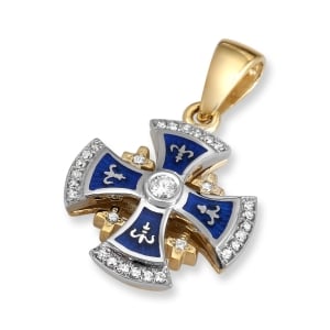 Anbinder Jewelry Two Tone 14K White & Yellow Gold, Blue Enamel and Diamond Fleur De Lis Rounded Jerusalem Cross Pendant with 29 Diamonds