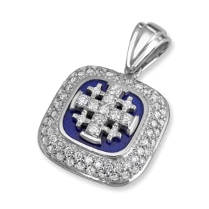 Anbinder Jewelry 14K White Gold and Blue Enamel Vintage Style Pavé Cushion-Shaped Jerusalem Cross Pendant with 77 Diamonds