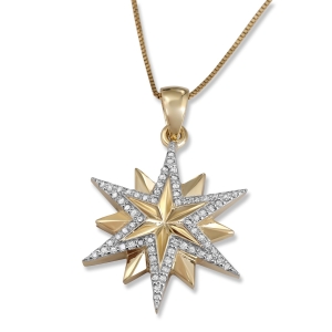14K Yellow Gold Faceted Star of Bethlehem Pendant with Diamond Border