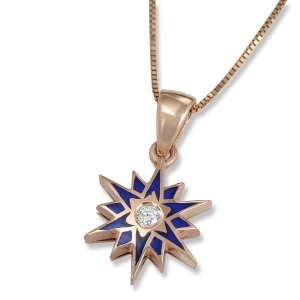 14K Rose Gold and Blue Enamel Star of Bethlehem Pendant with Single Diamond