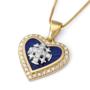 14K Gold and Diamond Jerusalem Cross and Heart Pendant with Blue Enamel and 43 Diamonds 