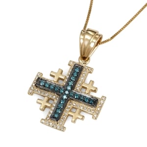 Anbinder Deluxe 14K Yellow & Black Gold Jerusalem Cross Pendant with Diamond Border and Blue Diamond Accents