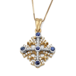 14K Yellow Gold Jerusalem Cross Necklace Pendant with Diamonds