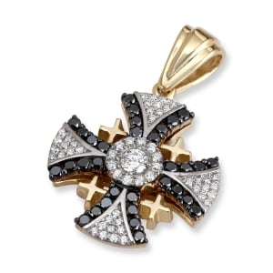 14K Gold, White and Black Diamond Pavé Splayed Jerusalem Cross Pendant with 85 Diamonds