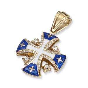 Anbinder Jewelry 14K Yellow Gold and Blue & White Enamel Diamond Splayed Jerusalem Cross Pendant with 56 Diamonds