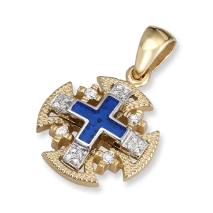 Anbinder Jewelry 14K Yellow & White Gold Two Tone Tiered Diamond and Blue Enameled Rounded Milgrain Jerusalem Cross Pendant with 20 Diamonds