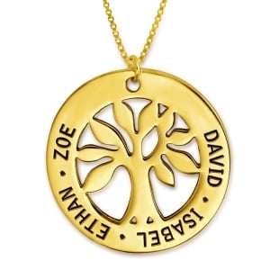 Gold-plated Hebrew/English Name Necklace with Family Tree Design