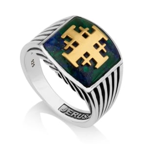 Men's Silver and Gold-Plated Jerusalem Cross Ring with Eilat Stone