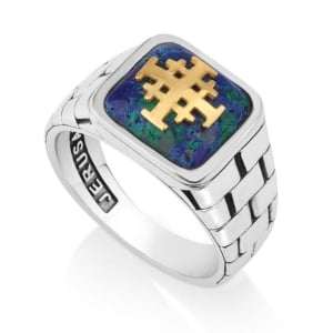 Men's Silver and Gold-Plated Square Jerusalem Cross Ring with Eilat Stone