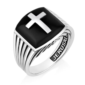 Men's Sterling Silver Latin Cross Ring with Onyx Stone