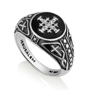 Men's Darkened Sterling Silver Jerusalem Cross Ring with Enamel
